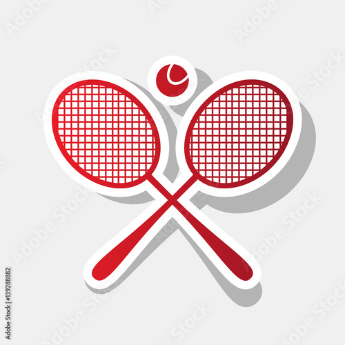 Tennis racket sign. Vector. New year reddish icon with outside stroke and gray shadow on light gray background.