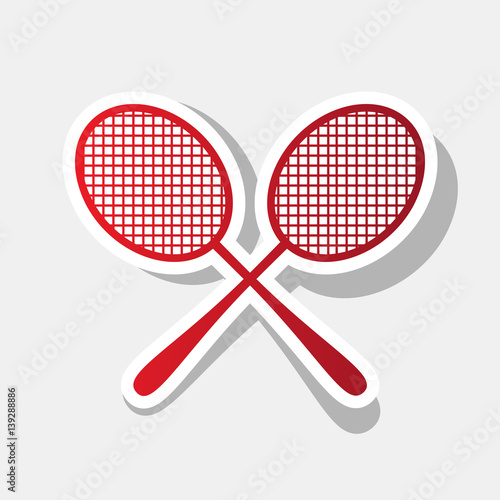 Tennis racquets sign. Vector. New year reddish icon with outside stroke and gray shadow on light gray background.