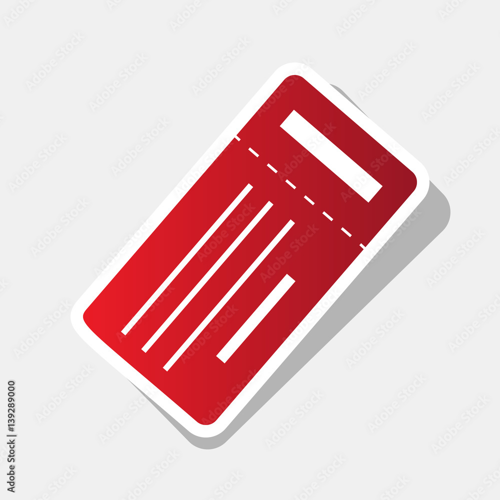 Ticket simple sign. Vector. New year reddish icon with outside stroke and gray shadow on light gray background. Ticket simple sign. Vector. New year reddish icon with outside stroke and gray shadow on light gray background.