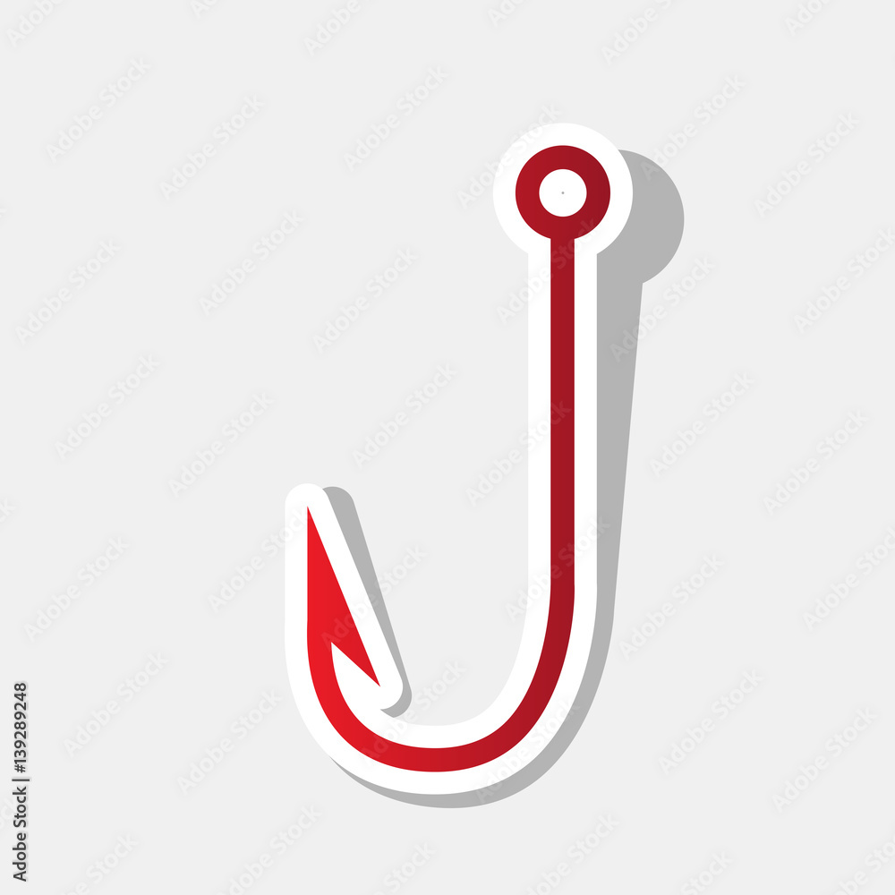 Fishing Hook sign illustration. Vector. New year reddish icon with outside stroke and gray shadow on light gray background. Fishing Hook sign illustration. Vector. New year reddish icon with outside stroke and gray shadow on light gray background.