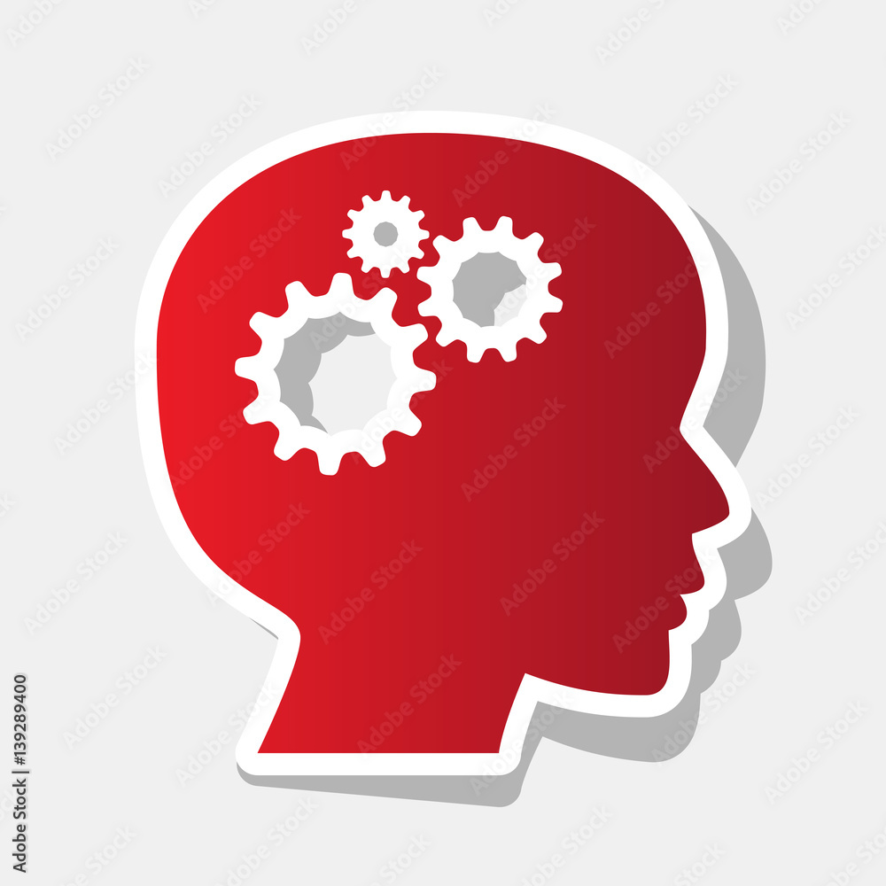 Thinking head sign. Vector. New year reddish icon with outside stroke and gray shadow on light gray background. Thinking head sign. Vector. New year reddish icon with outside stroke and gray shadow on light gray background.