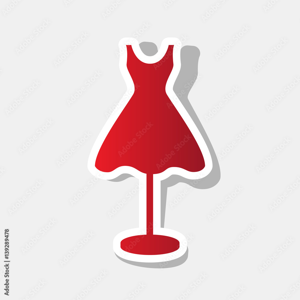 Mannequin with dress sign. Vector. New year reddish icon with outside stroke and gray shadow on light gray background. Mannequin with dress sign. Vector. New year reddish icon with outside stroke and gray shadow on light gray background.
