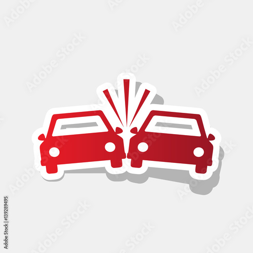 Crashed Cars sign. Vector. New year reddish icon with outside stroke and gray shadow on light gray background.