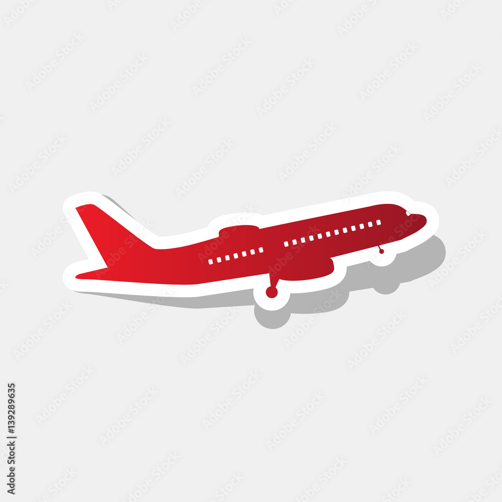 Flying Plane sign. Side view. Vector. New year reddish icon with outside stroke and gray shadow on light gray background. Flying Plane sign. Side view. Vector. New year reddish icon with outside stroke and gray shadow on light gray background.