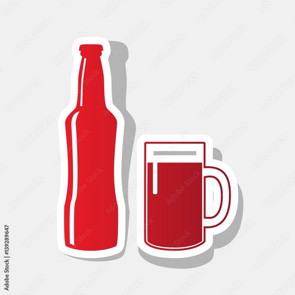 Beer bottle sign. Vector. New year reddish icon with outside stroke and gray shadow on light gray background. Beer bottle sign. Vector. New year reddish icon with outside stroke and gray shadow on light gray background.