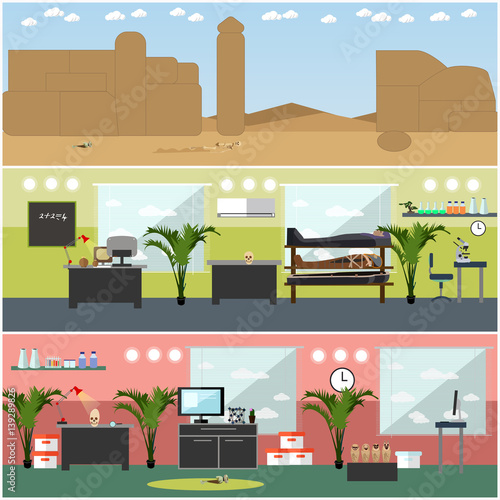 Vector set of archaeological site, laboratory interior concept design elements