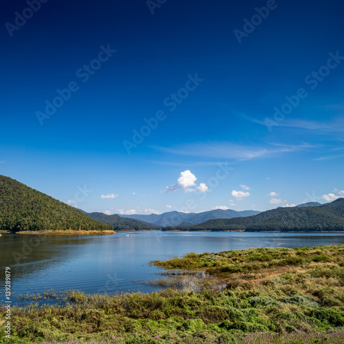 Lake with mountain and blue sky background