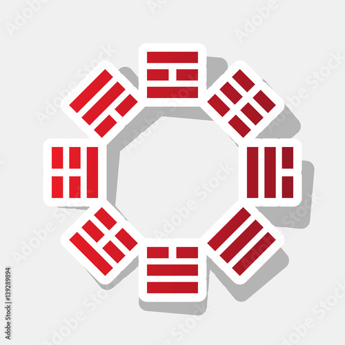 Bagua sign. Vector. New year reddish icon with outside stroke and gray shadow on light gray background.