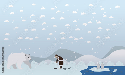 Vector illustration of eskimo and polar bear in flat style