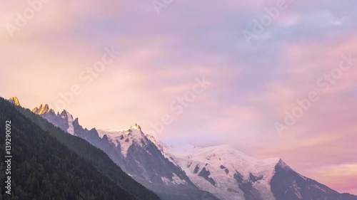 Beautiful panoramic timelapse of the Mont Blanc range mountains at sunrise time