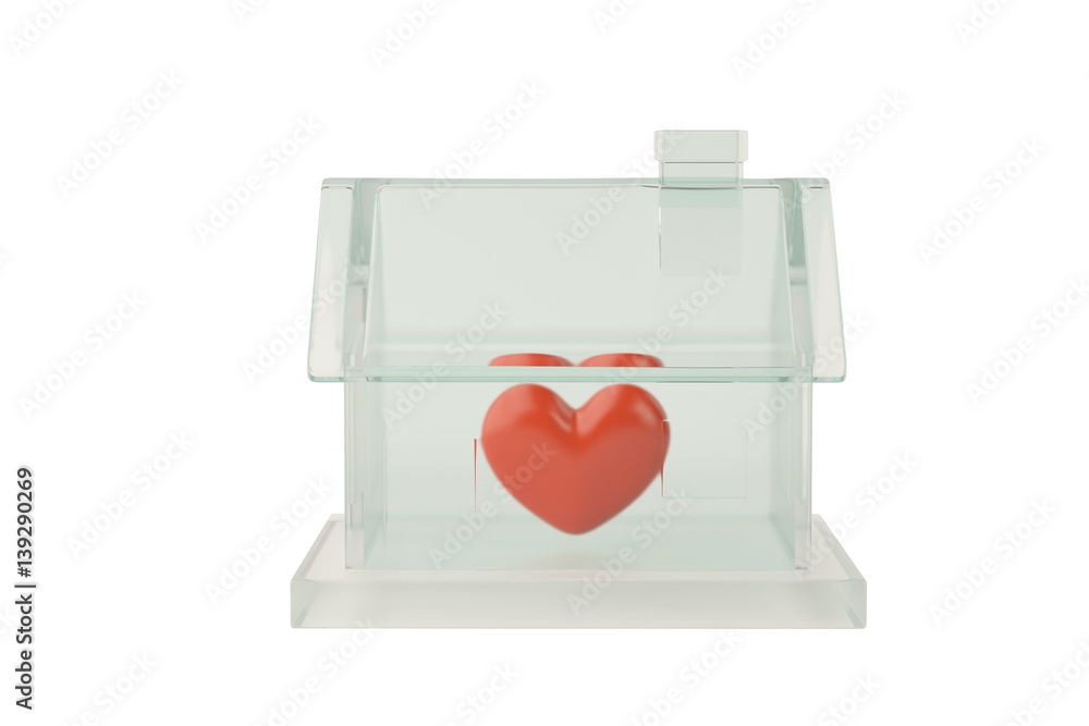 glass box in the form of house filled by red hearts on white background isolated.3D illustration. glass box in the form of house filled by red hearts on white background isolated.3D illustration.