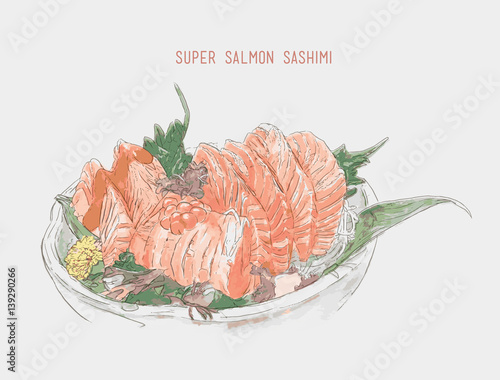 Salmon sashimi water color vector.