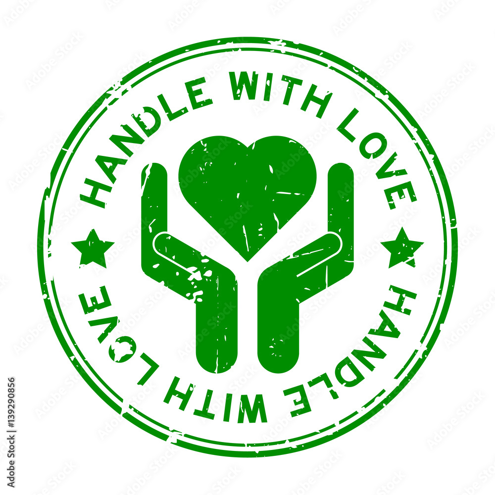 Grunge green handle with love and hand hold the heart icon round rubber stamp Grunge green handle with love and hand hold the heart icon round rubber stamp