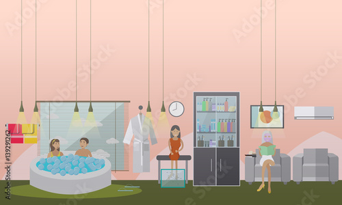 Spa aqua, facial and fish therapy concept vector illustration