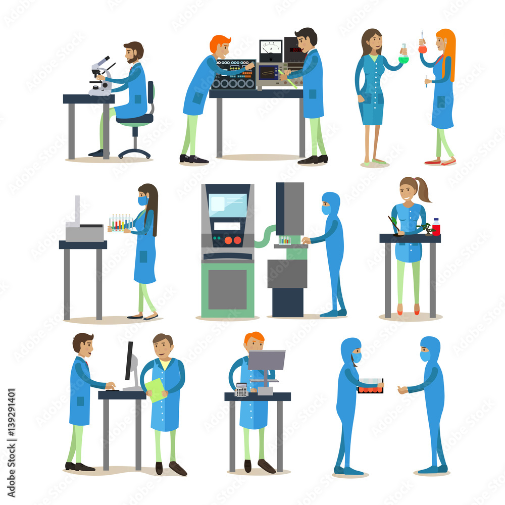 Vector set of scientists engaged in research isolated, flat style Vector set of scientists engaged in research isolated, flat style