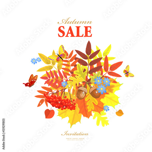 Autumn greeting card with lovely leaves and butterflies for your
