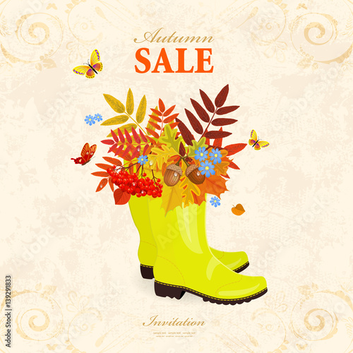 older paper sale banner. rubber boots with colorful bouquet of a