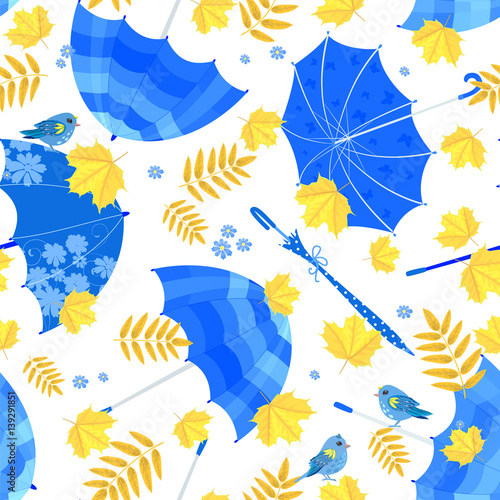 pretty seamless texture with blue umbrellas and fall leaves on w