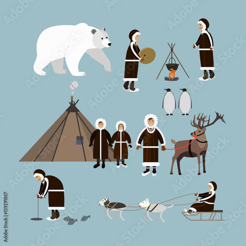 Vector set of arctic people and animals flat style icons