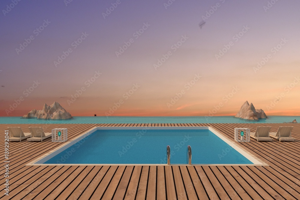 luxury swimming pool with beach lounge seaview in 3D rendering