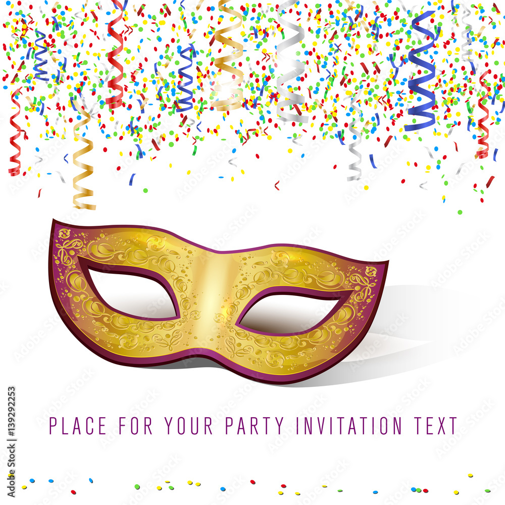 Carnival mask and confetti on white background