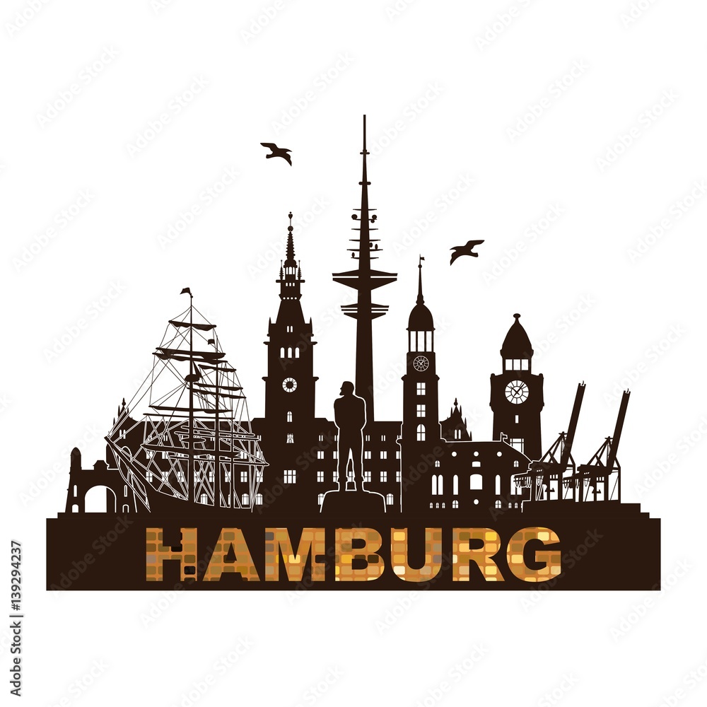Hamburg  Skyline Schattenriss Denkmäler Kultur Sehenwürdigkeiten Industrie Museen Wandtatoo Tatoo Umriss Stadtansicht Hafen Architektur