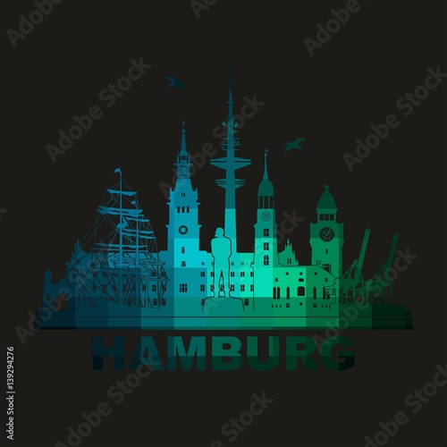 Hamburg  Skyline Schattenriss Denkmäler Kultur Sehenwürdigkeiten Industrie Museen Wandtatoo Tatoo Umriss Stadtansicht Hafen Architektur