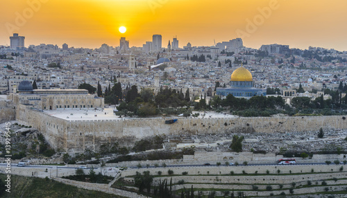 Panoramic view to Jerusalem Old city at Sunset