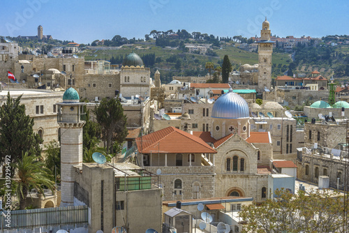 Jerusalem panoramic roof view to christians, jewish and muslims sacred places