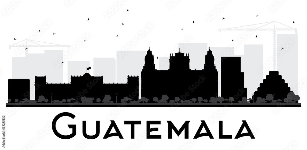 Guatemala City skyline black and white silhouette.