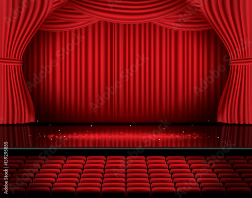 Red Stage Curtain with Seats and Copy Space.