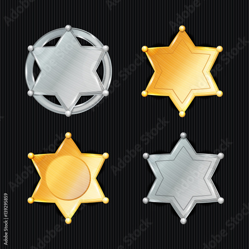 Sheriff Badge Star Vector Set. Different Types. Classic Symbol. Municipal City Law Enforcement Department. Isolated On Black Background.