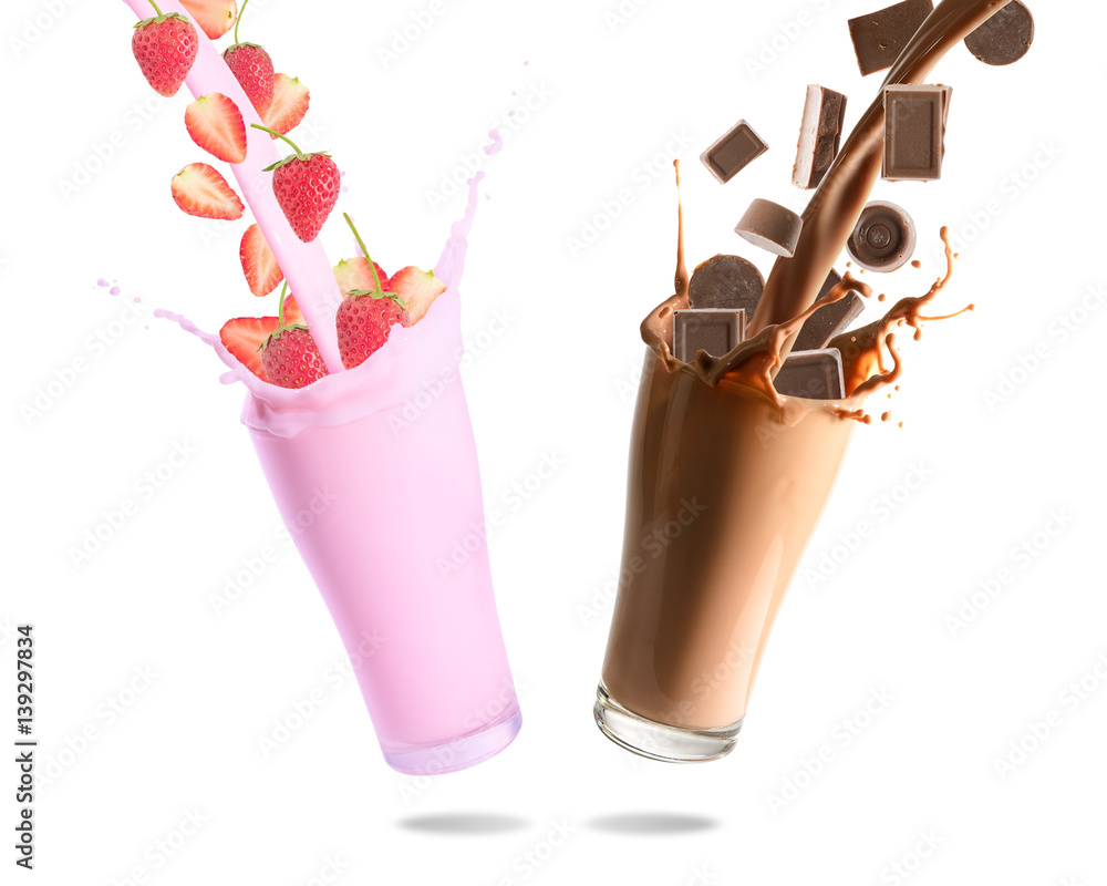 Pouring chocolate chips, chocolate milk, strawberry and strawberry milk into glass with