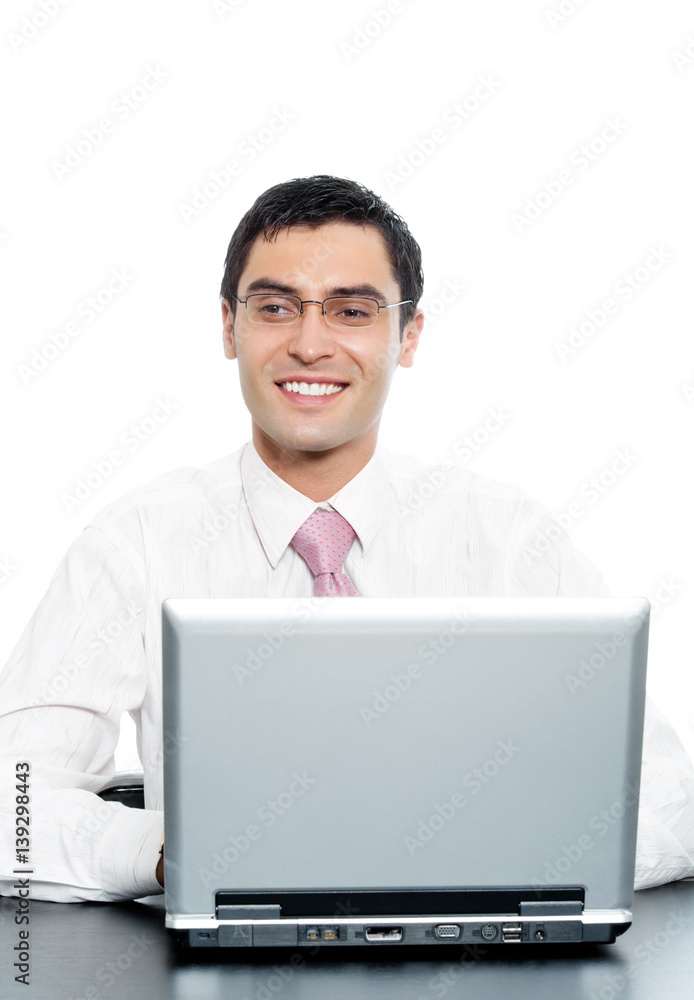smiling businessman in glasses working with laptop smiling businessman in glasses working with laptop