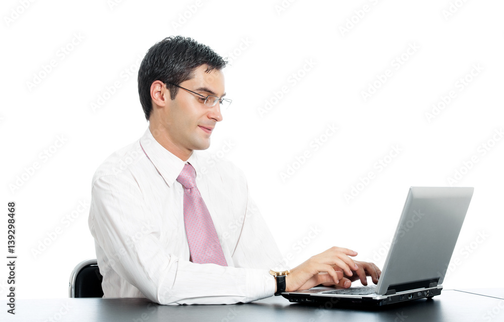 smiling businessman in glasses working with laptop smiling businessman in glasses working with laptop