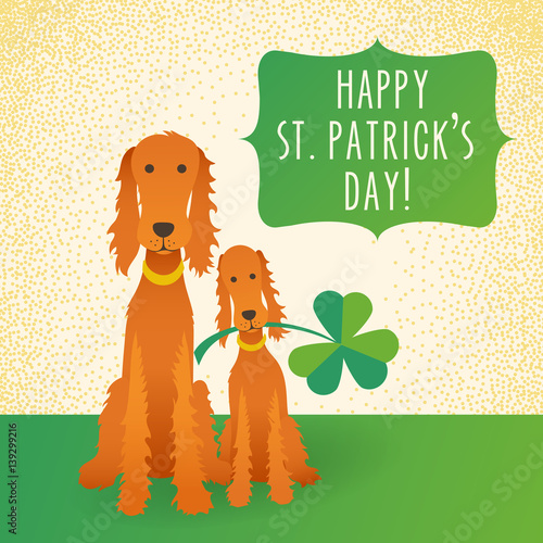 Happy St. Patrick's Day. Funny Irish Setters holding shamrock.