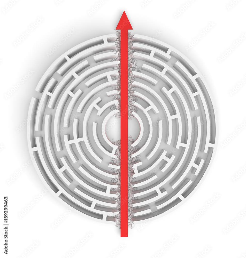 3d rendering of a white round maze in side view divided in half by a red arrow line. 3d rendering of a white round maze in side view divided in half by a red arrow line.