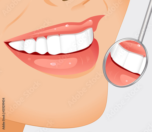 Young smiling woman having her teeth examined with dental mirror. Vector illustration.