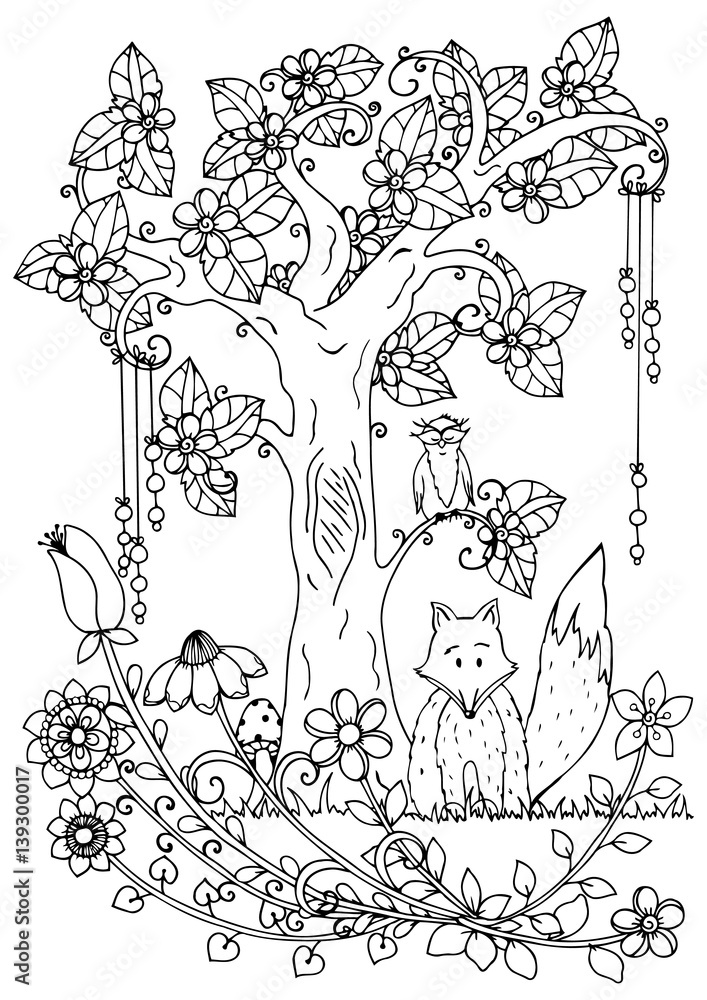 Naklejka premium Vector illustration zentangl, fox and wood. Doodle drawing pen. Coloring page for adult anti-stress. Black and white.