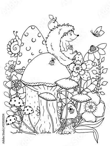 Vector illustration zentangl. Doodle hedgehog Coloring page Anti stress for adults. Black and white.