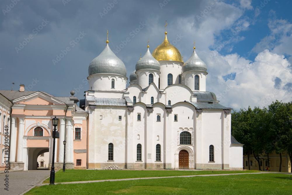 St. Sophia Cathedral in the background of a stormy sky July afternoon. The Kremlin of Veliky Novgorod, Russia