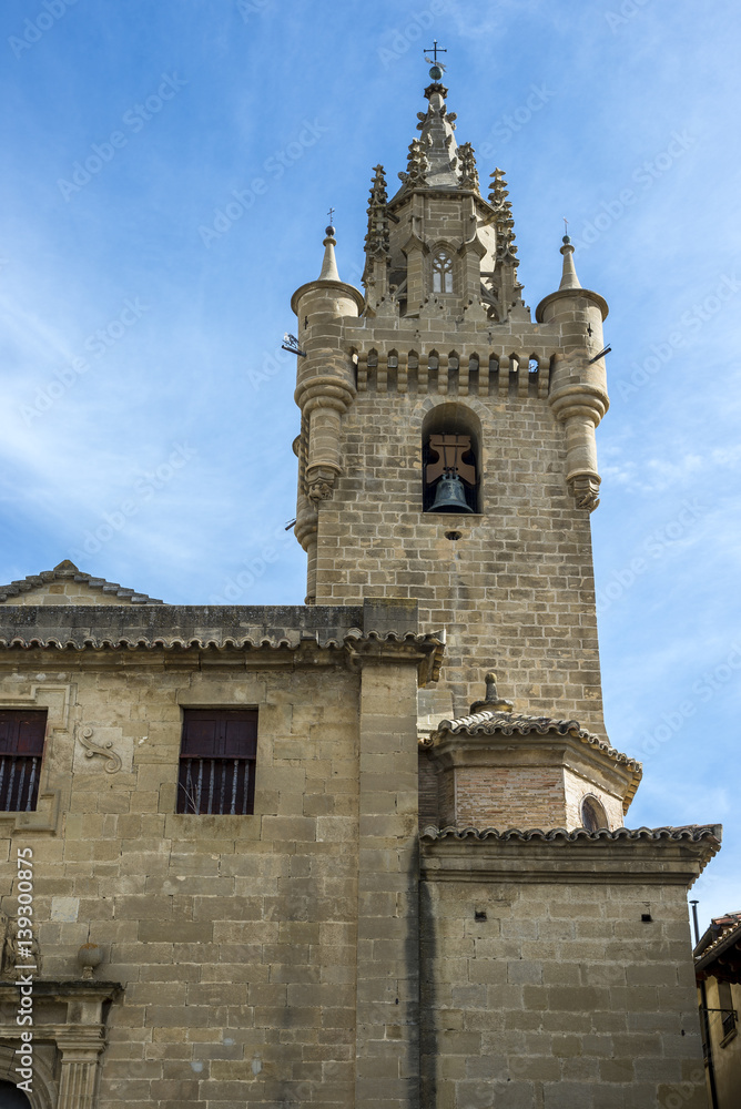 Bell tower of the Church of Santa Maria, in Uncastillo, Zaragoza, Spain. It was built between 1135 and 1155 in Romanesque style