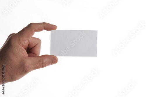 Businessman holding business card with copy space isolated on white background