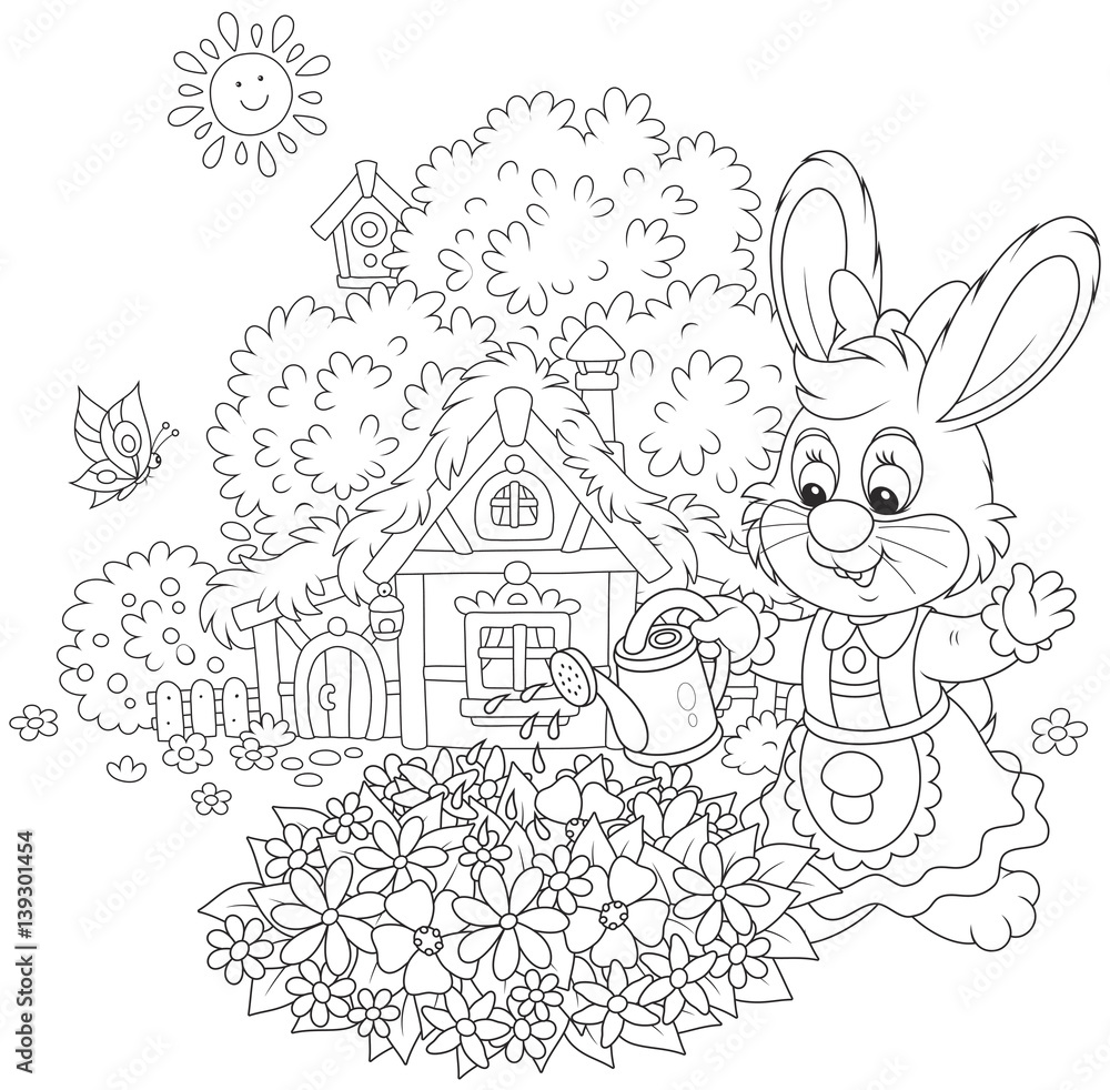 Easter Bunny watering beautiful flowers in a flowerbed in front of its farmhouse