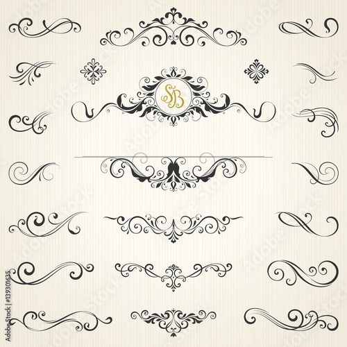 Vector set of ornate calligraphic vintage elements, dividers and page decorations.
