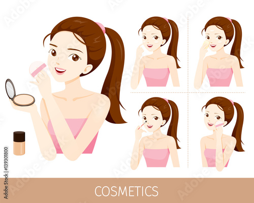 Woman With Step To Use Foundation And Press Powder, Accessories, Equipment, Beauty, Facial, Fashion