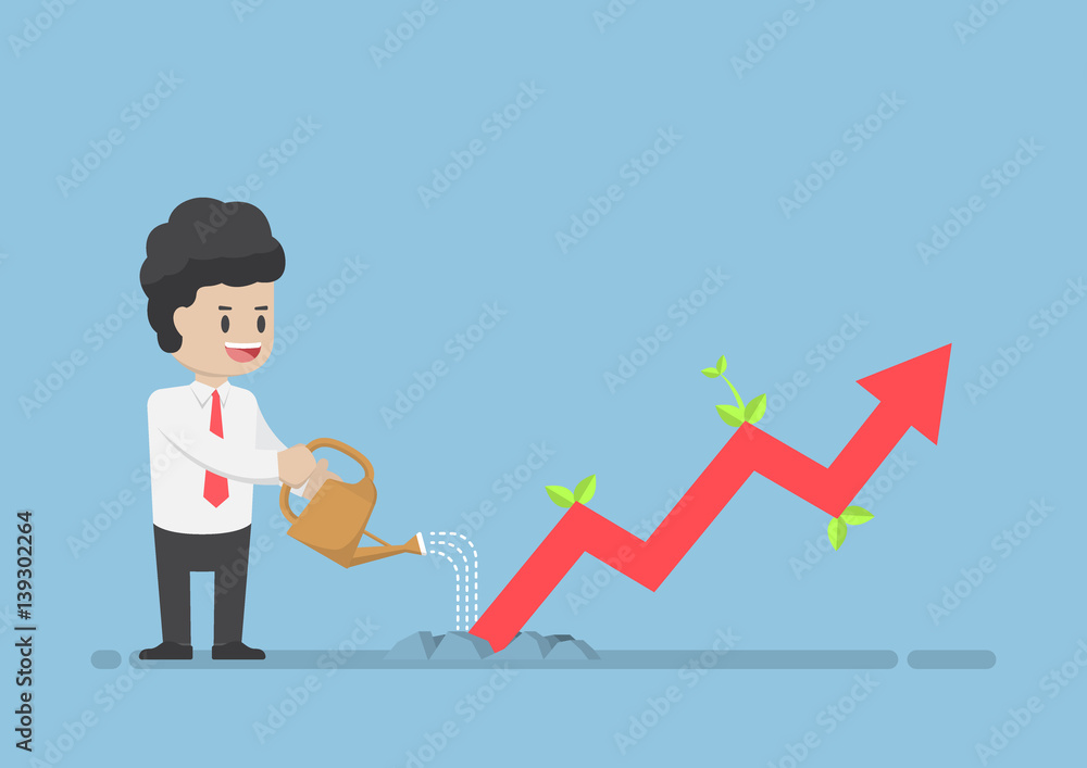 Businessman Watering Business Graph that Growth Through the Ground