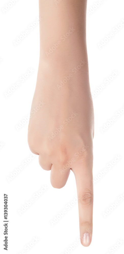 Woman hand pointing up with index finger or touching screen back hand side isolated on white background. Woman hand pointing up with index finger or touching screen back hand side isolated on white background.