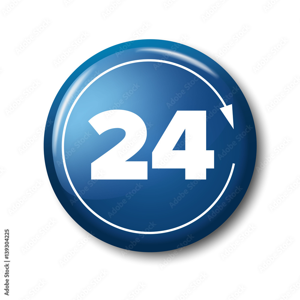 Bright blue button with digits 24 and arrow. Work time circle label for posters and banners. Day-and-night open tag. Design elements on white background with transparent shadow. Bright blue button with digits 24 and arrow. Work time circle label for posters and banners. Day-and-night open tag. Design elements on white background with transparent shadow.