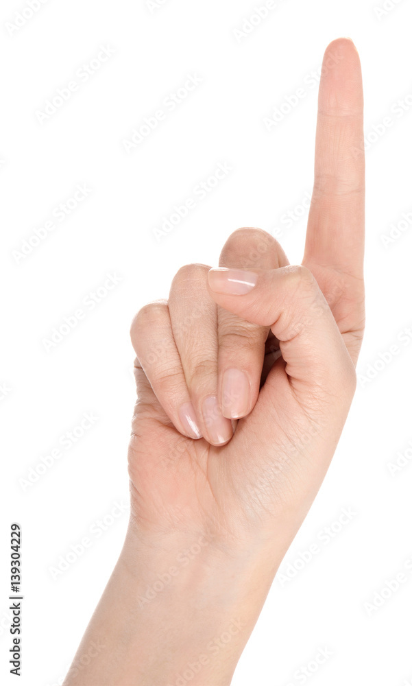 Woman hand pointing up with index finger or touching screen back hand side isolated on white background. Woman hand pointing up with index finger or touching screen back hand side isolated on white background.